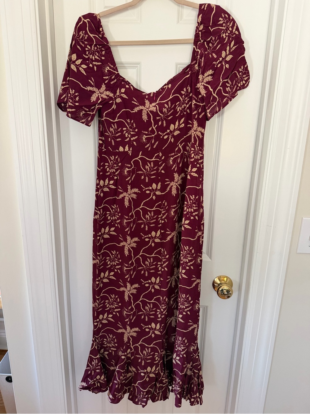 RHODE Burgundy Floral Puff Sleeve Ruffle Hem Midi Dress Size 6 - Picture 4 of 5
